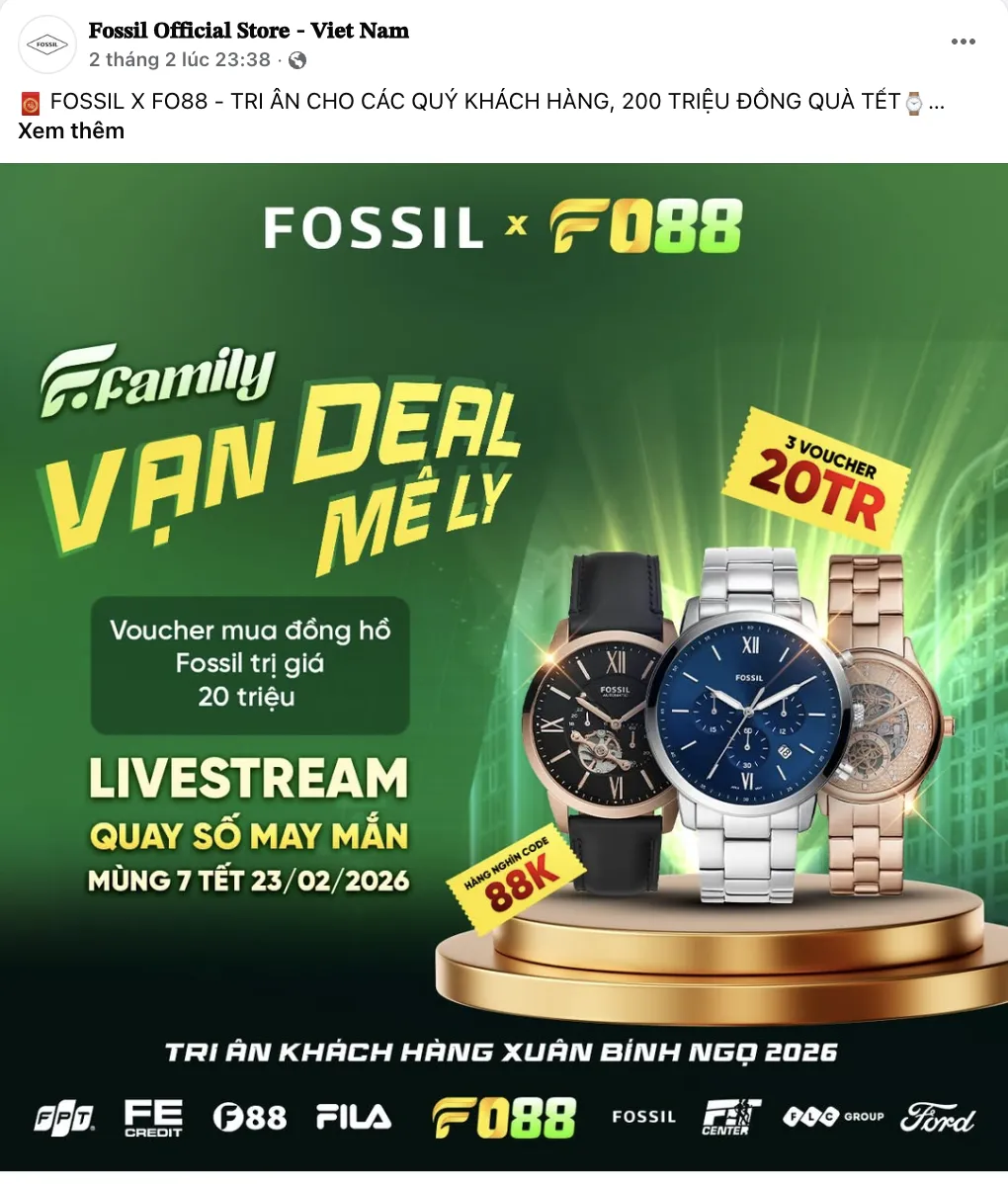 Hình ảnh giải thưởng iPhone cùng các voucher từ FPT Shop và Fossil được đăng tải trên fanpage FO88.