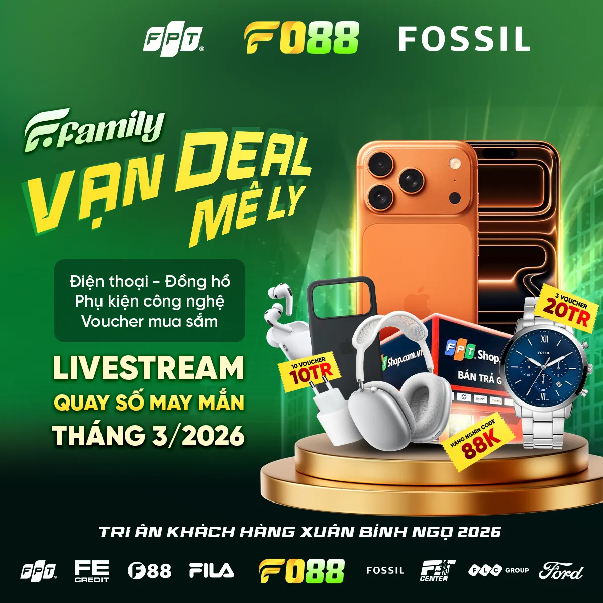Hình ảnh giải thưởng iPhone cùng các voucher từ FPT Shop và Fossil được đăng tải trên fanpage FO88.